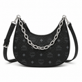 MCM Visetos Hobo Bag – Black Monogram, Silver Chain, Crescent Moon Crossbody