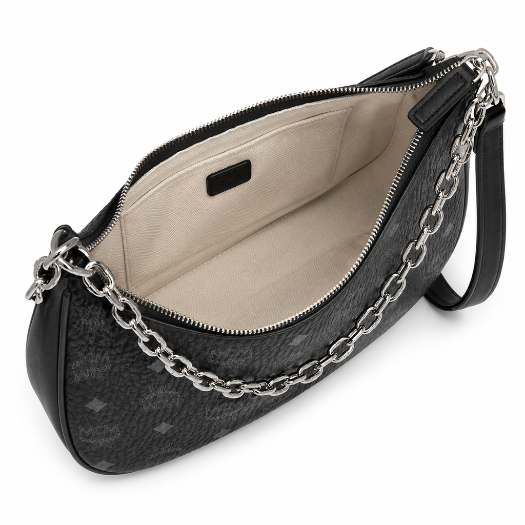 MCM Visetos Hobo Bag – Black Monogram, Silver Chain, Crescent Moon Crossbody