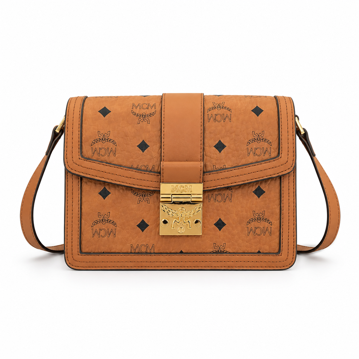 MCM Tracy Visetos Crossbody Bag – Cognac Monogram, Gold Push-Lock, Small
