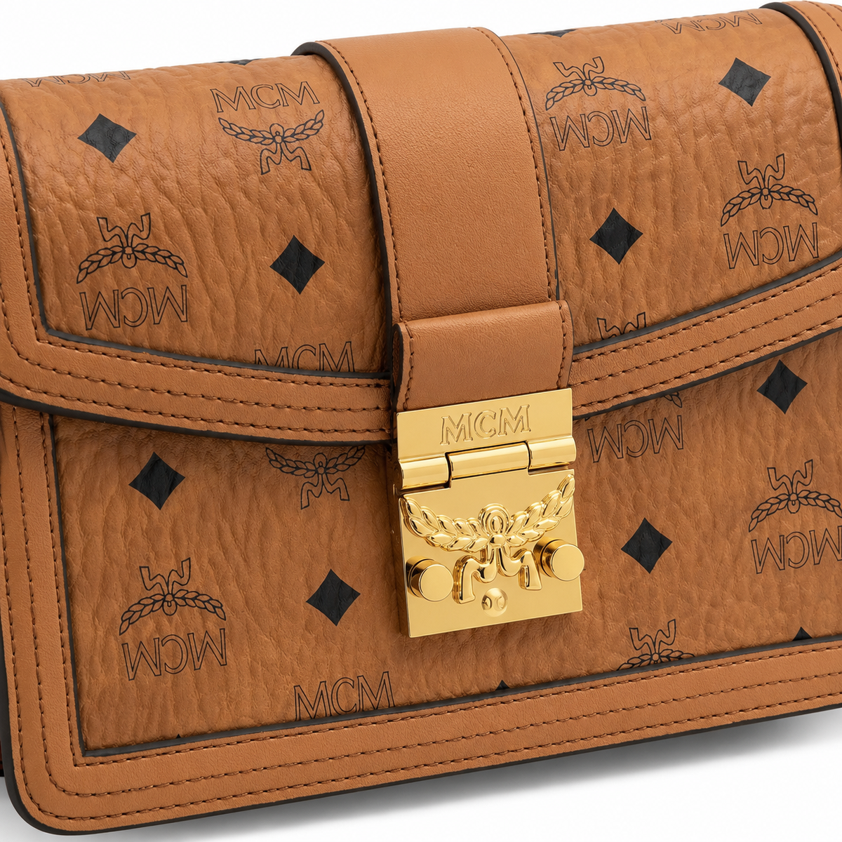 MCM Tracy Visetos Crossbody Bag – Cognac Monogram, Gold Push-Lock, Small