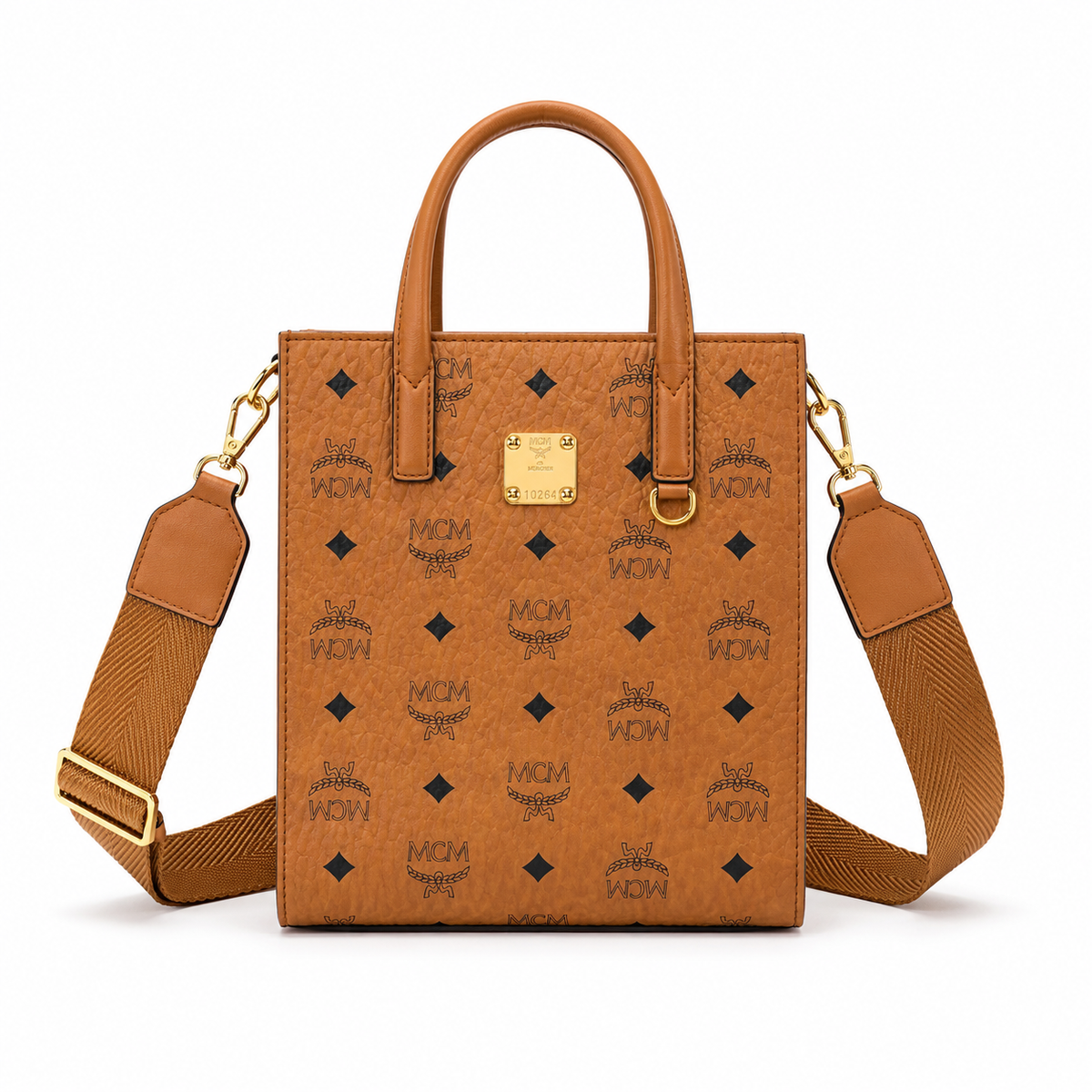 MCM Klassik Visetos Mini Tote – Cognac Monogram, Gold Plate, 3-Way Strap