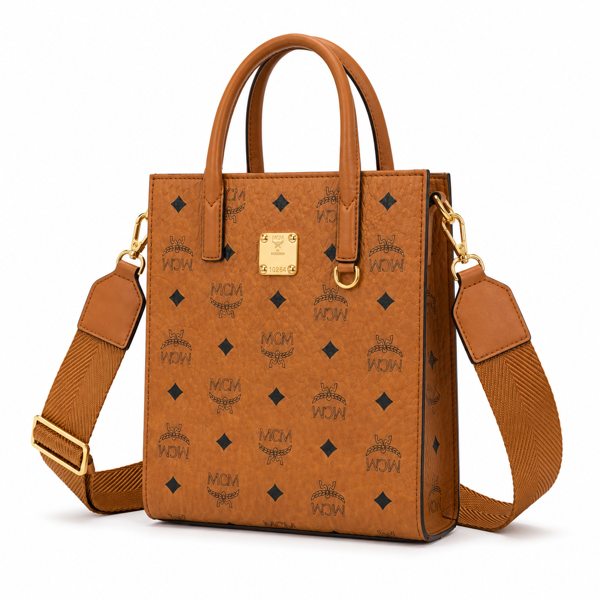 MCM Klassik Visetos Mini Tote – Cognac Monogram, Gold Plate, 3-Way Strap