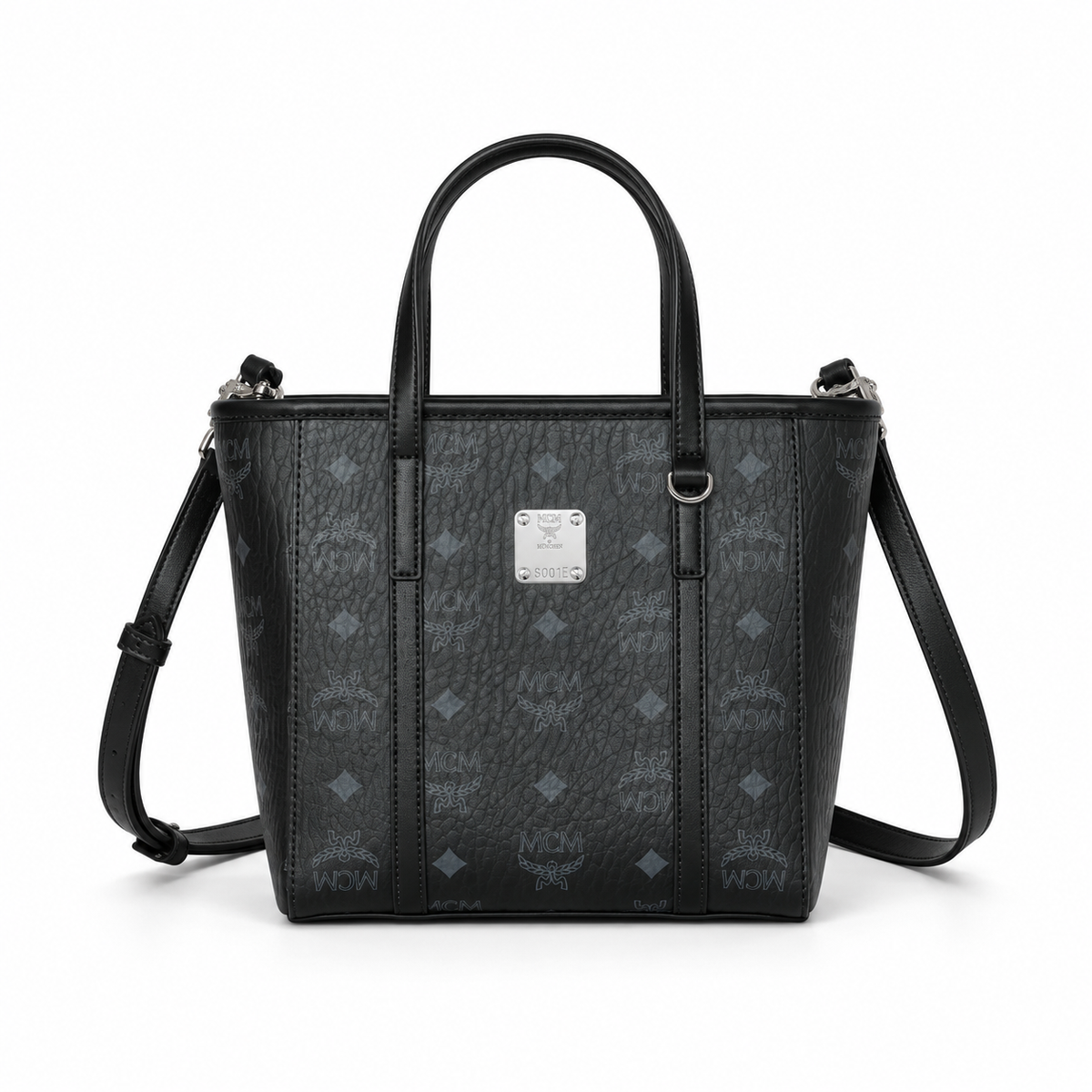 MCM Shopper Visetos Mini Tote – Black Monogram, Silver Plate, All Black