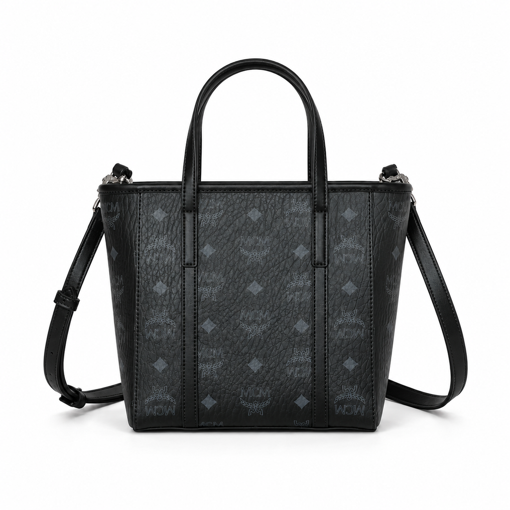 MCM Shopper Visetos Mini Tote – Black Monogram, Silver Plate, All Black