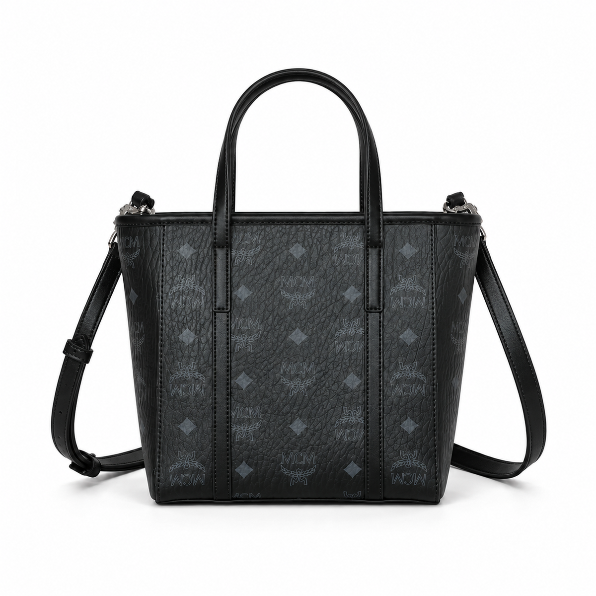 MCM Shopper Visetos Mini Tote – Black Monogram, Silver Plate, All Black