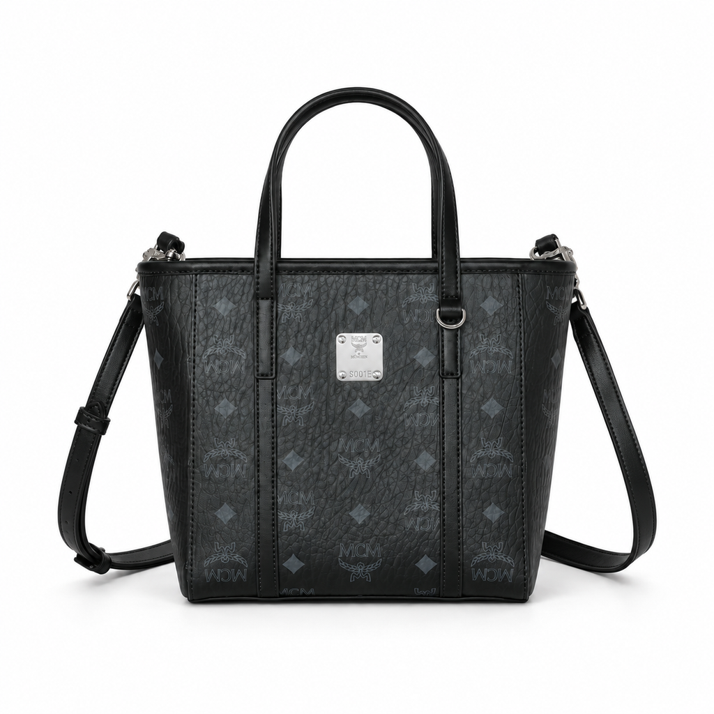 MCM Shopper Visetos Mini Tote – Black Monogram, Silver Plate, All Black