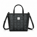 MCM Shopper Visetos Mini Tote – Black Monogram, Silver Plate, All Black