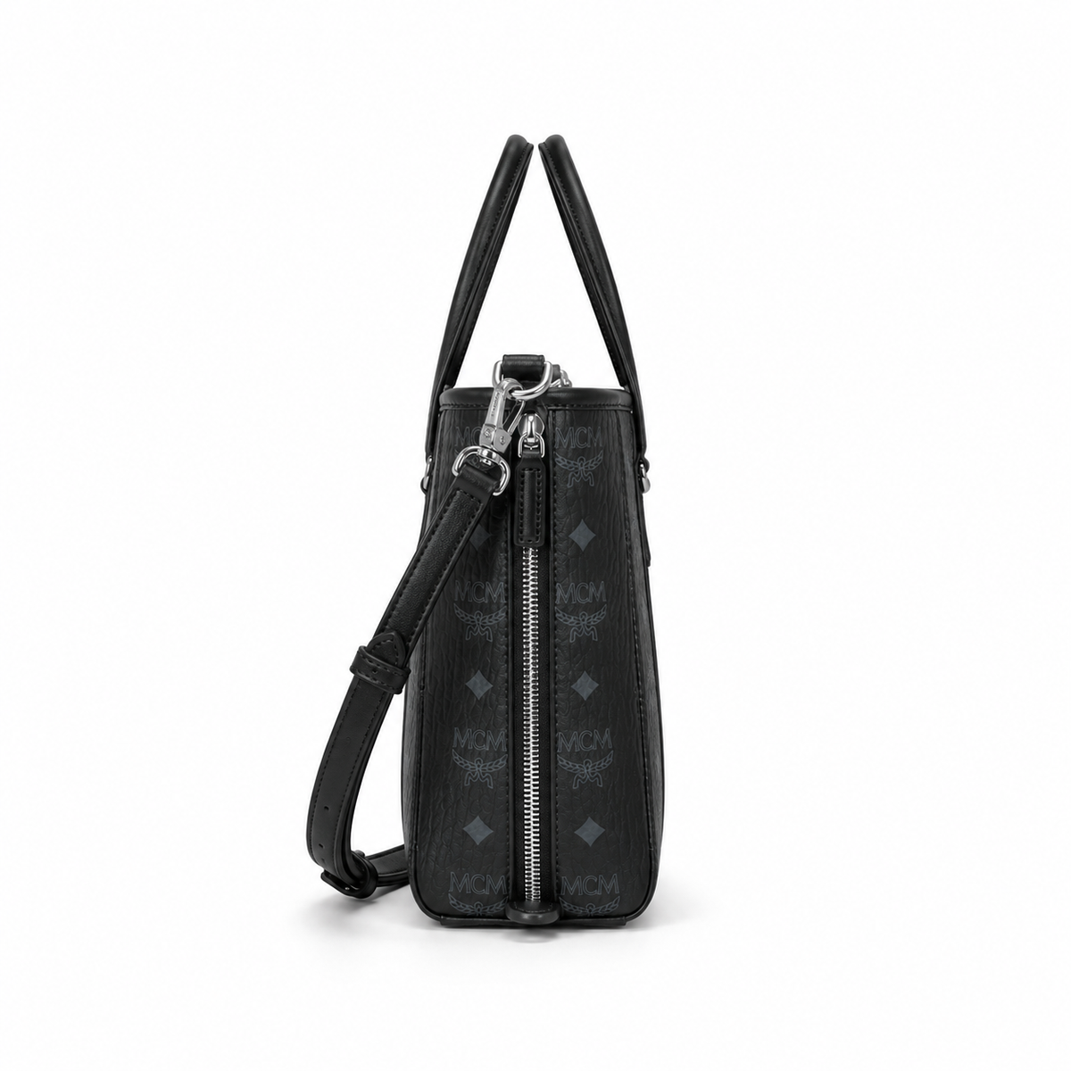 MCM Shopper Visetos Mini Tote – Black Monogram, Silver Plate, All Black
