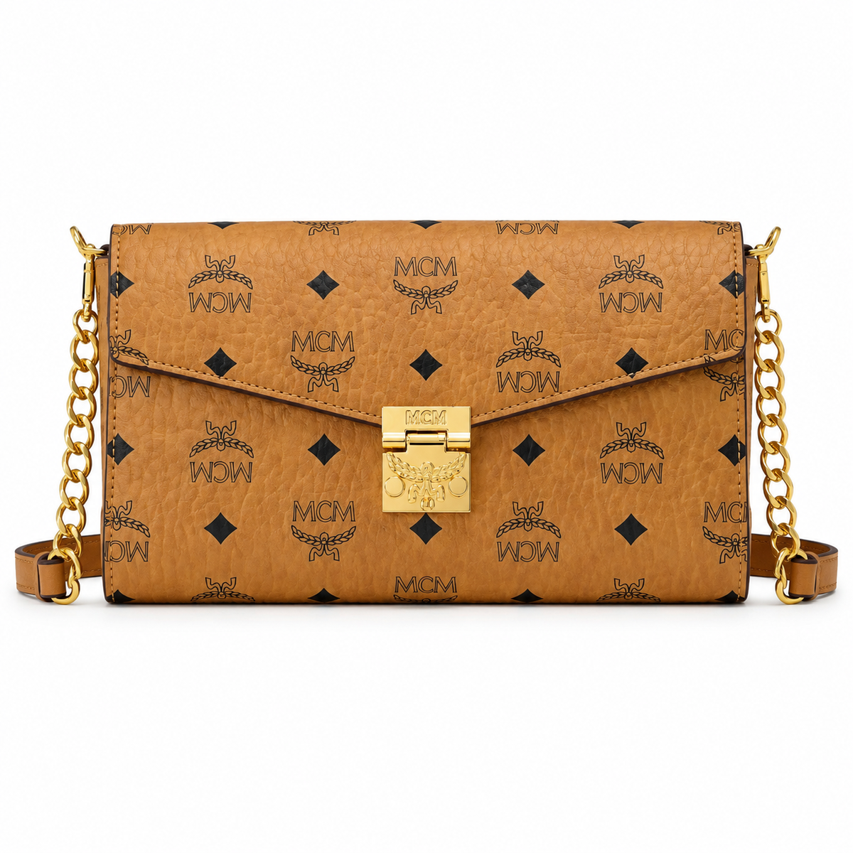 MCM Patricia Visetos Chain Flap Bag – Small, Cognac Monogram, Gold Hardware