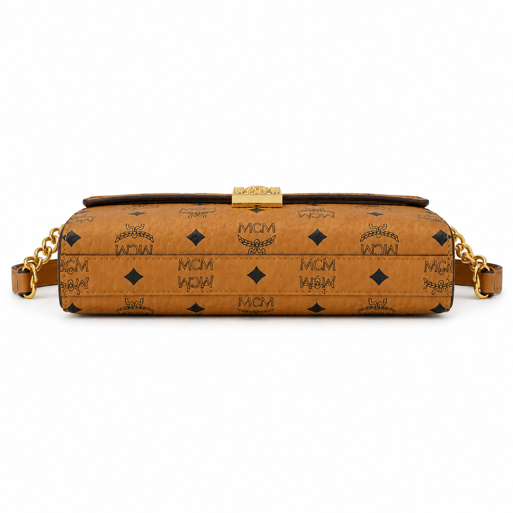 MCM Patricia Visetos Chain Flap Bag – Small, Cognac Monogram, Gold Hardware