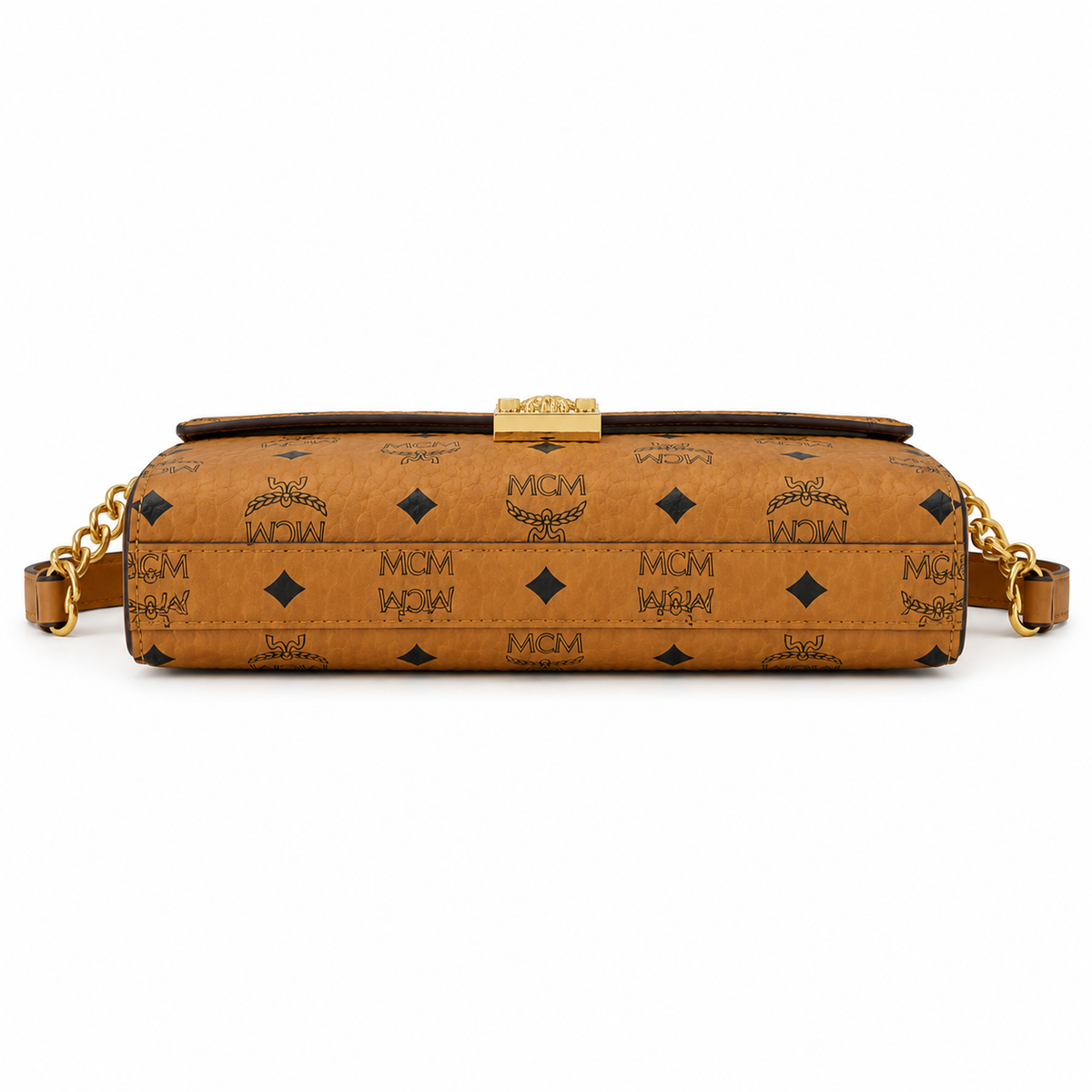 MCM Patricia Visetos Chain Flap Bag – Small, Cognac Monogram, Gold Hardware