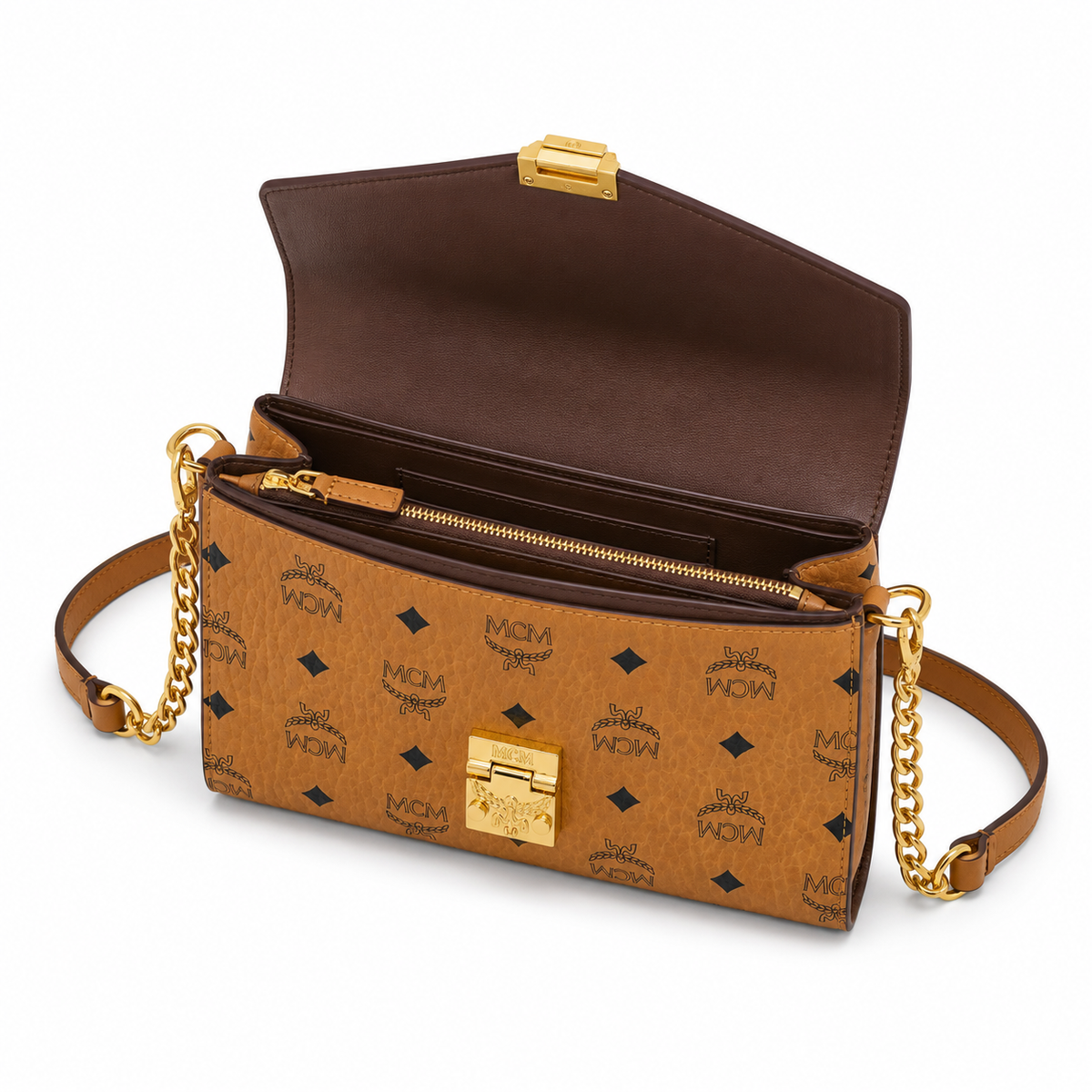 MCM Patricia Visetos Chain Flap Bag – Small, Cognac Monogram, Gold Hardware