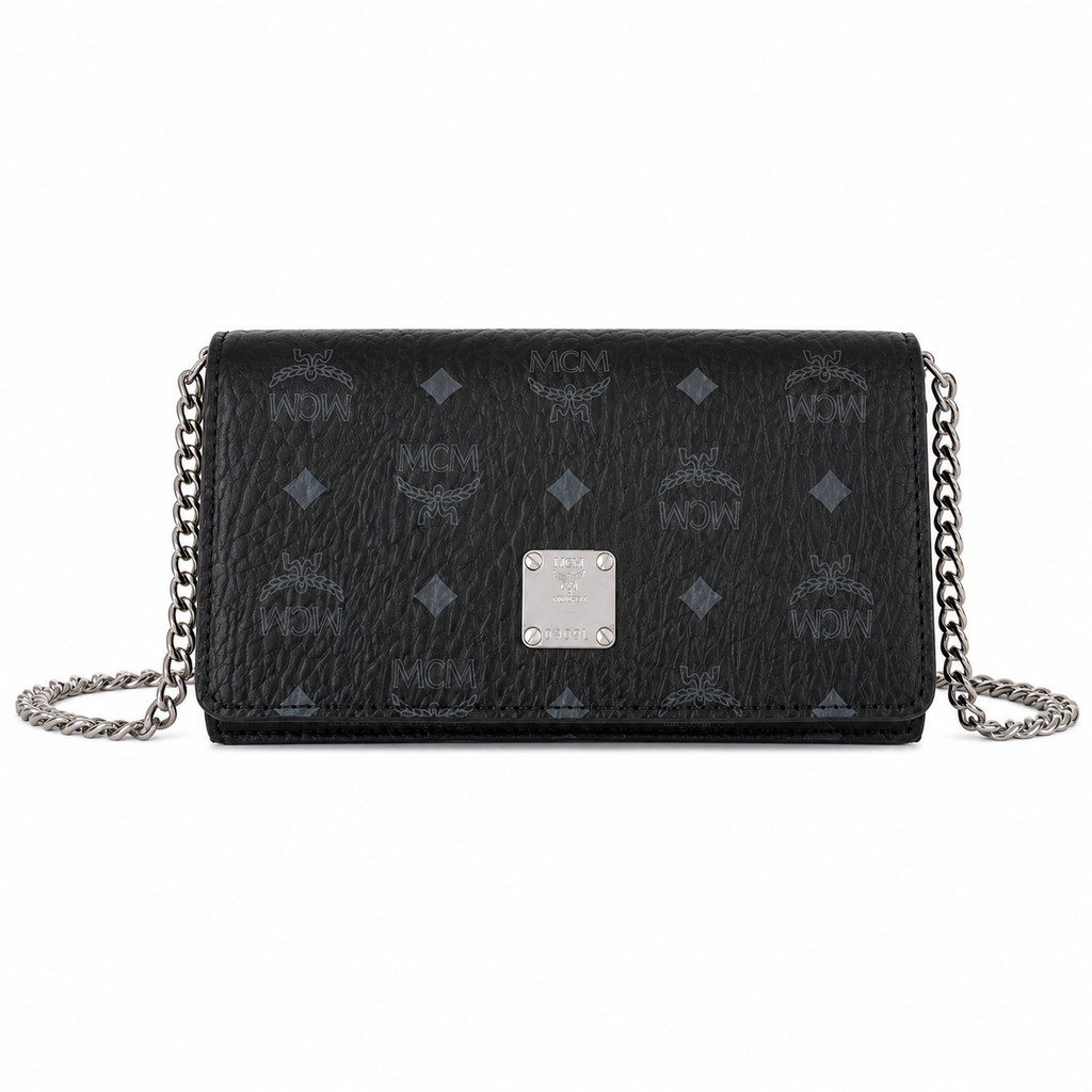 MCM Patricia Visetos Chain Flap Bag – Small, Cognac Monogram, Gold Hardware