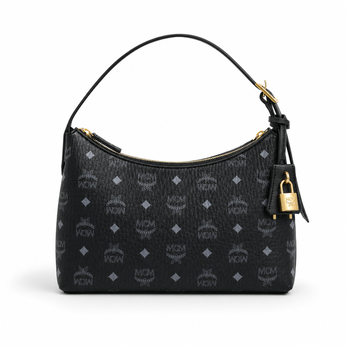 MCM Aren Visetos Hobo Bag – Black Monogram, Gold Padlock, Adjustable Strap
