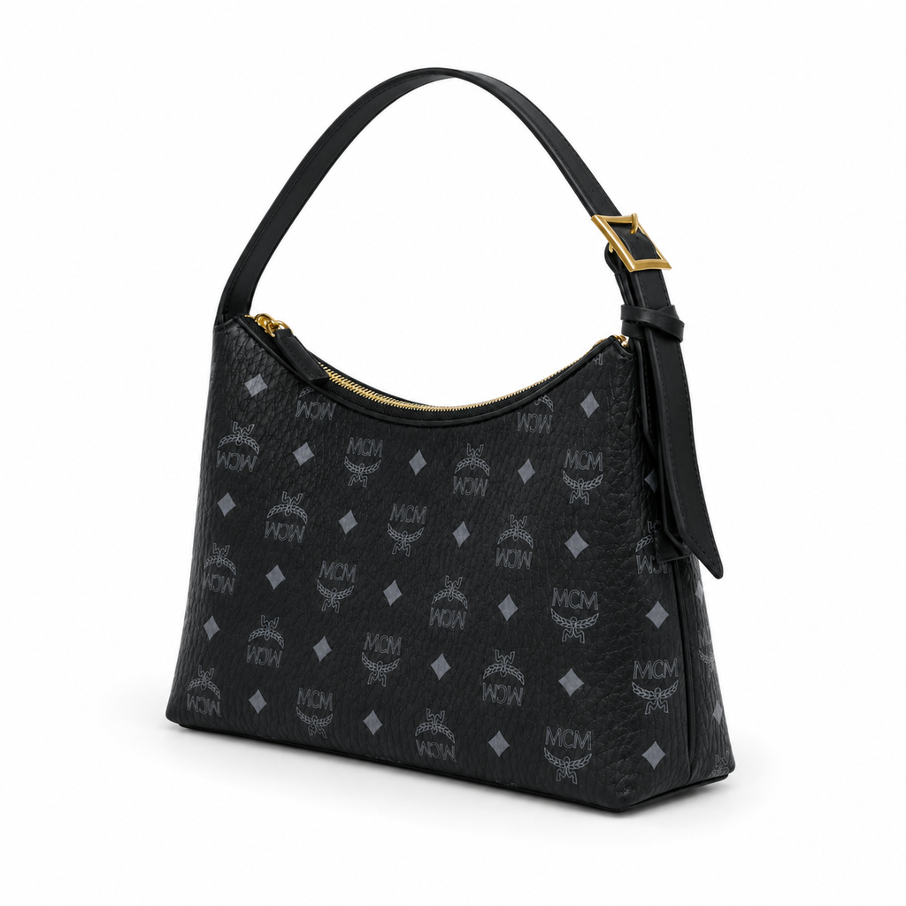 MCM Aren Visetos Hobo Bag – Black Monogram, Gold Padlock, Adjustable Strap
