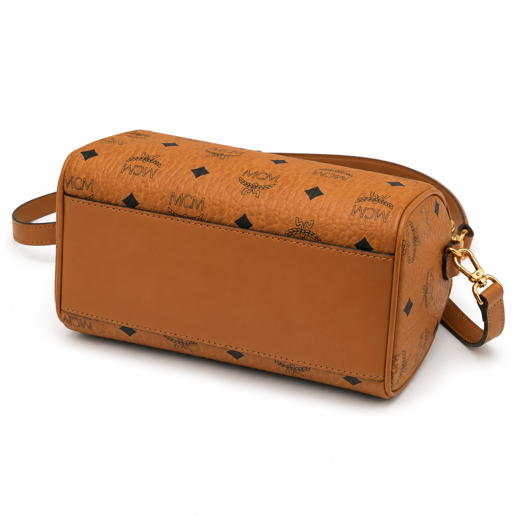 MCM Ella Visetos Boston Bag – Small, Cognac Monogram, Padlock & Leather Strap