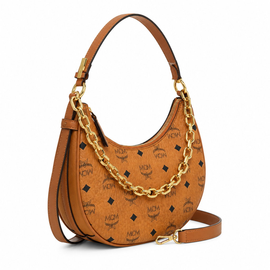 MCM Aren Crescent Hobo Bag – Small Visetos Monogram, Gold Chain, Cognac