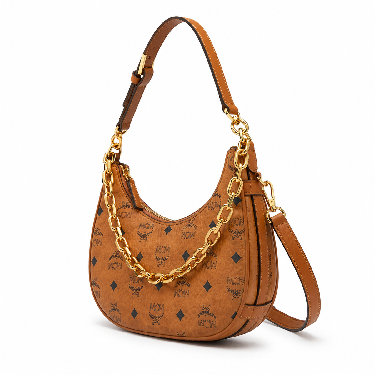 MCM Aren Crescent Hobo Bag – Small Visetos Monogram, Gold Chain, Cognac