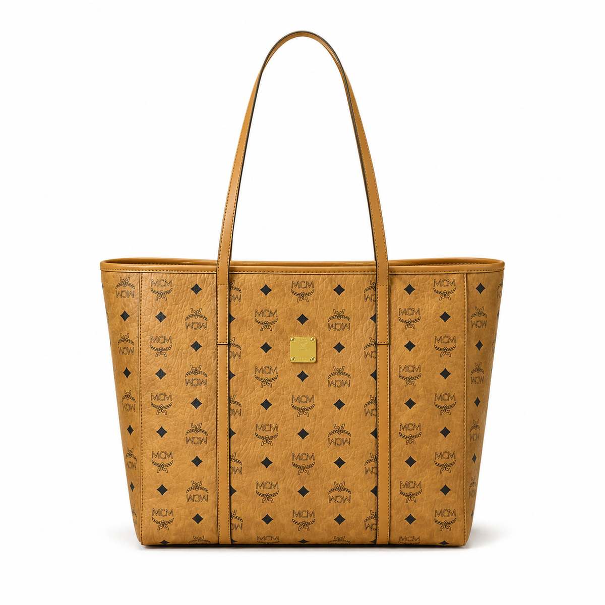 MCM Toni Visetos Tote Bag – Medium Cognac Monogram, Gold Plaque, Leather Handles