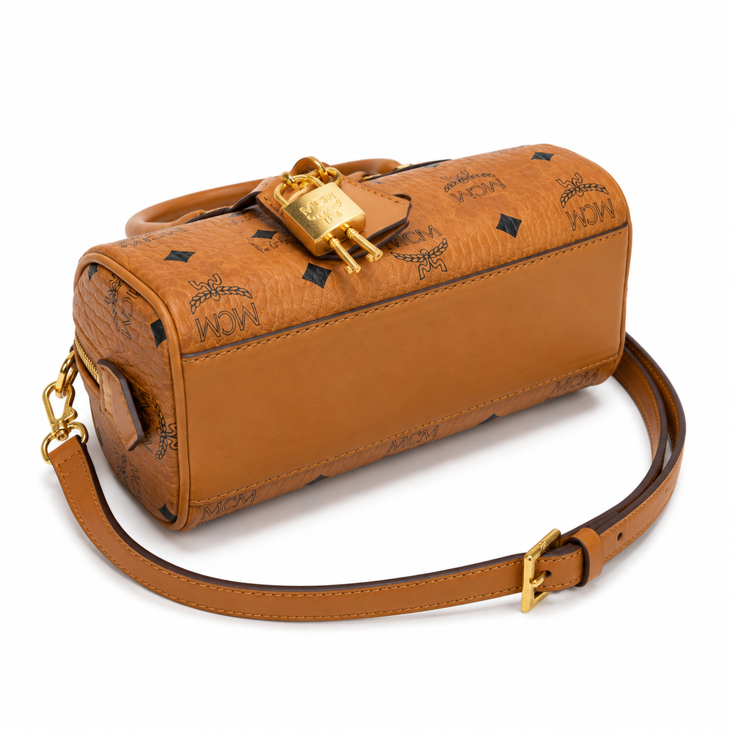 MCM Ella Visetos Mini Boston Bag – Cognac Monogram, Padlock, MWPCSVI01