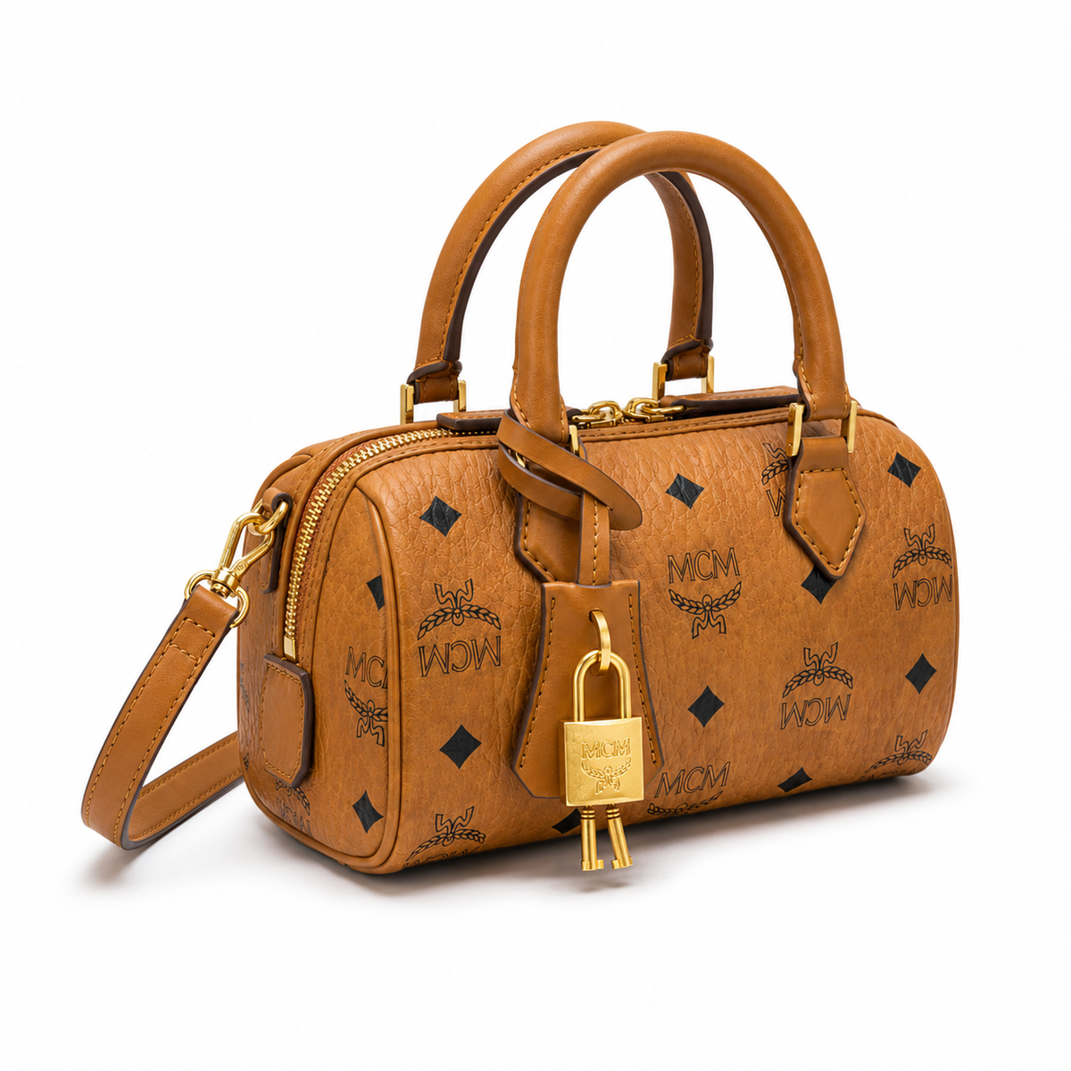 MCM Ella Visetos Mini Boston Bag – Cognac Monogram, Padlock, MWPCSVI01