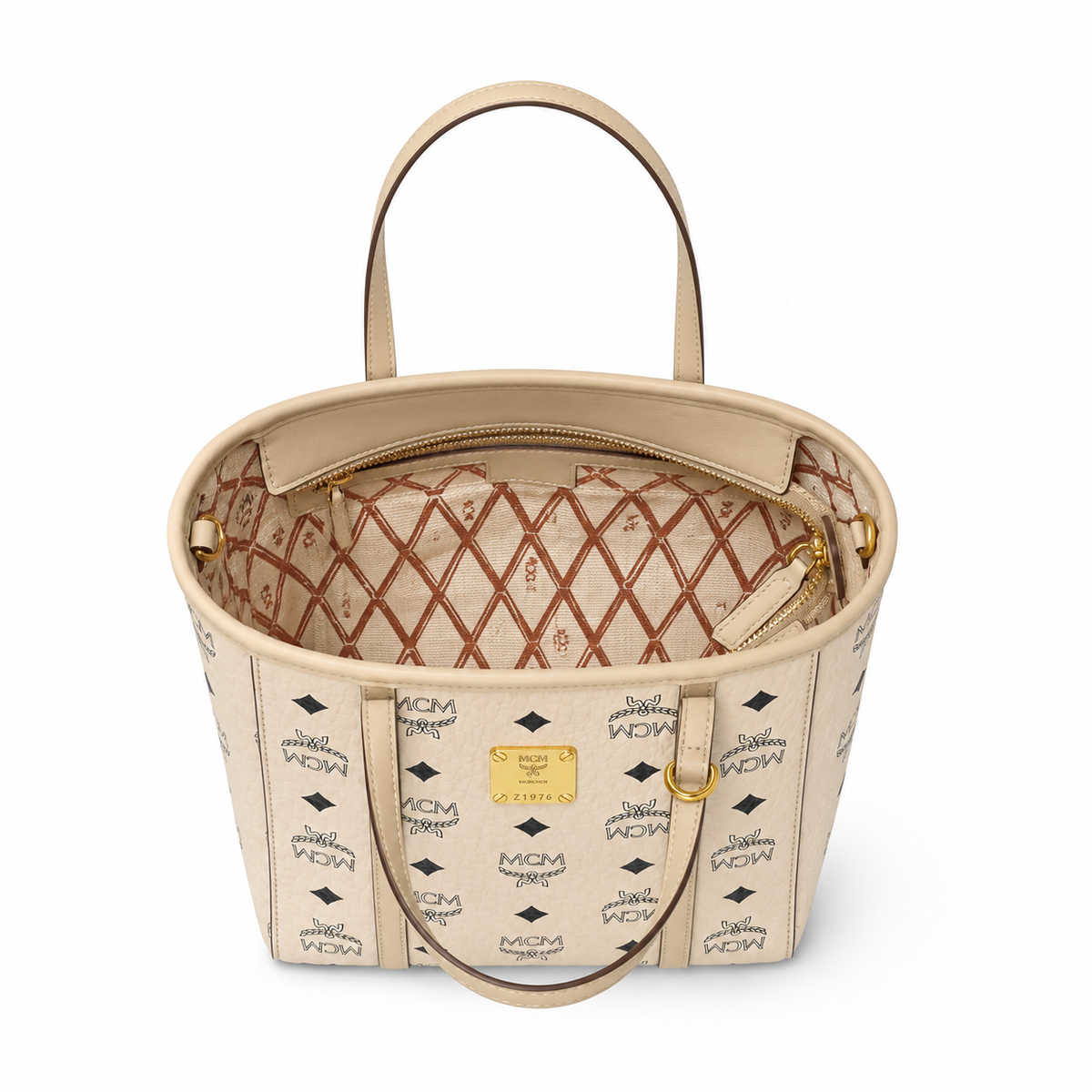 MCM Toni Visetos Mini Shopper Tote – Beige Monogram, Gold Plate, MWPAATN04