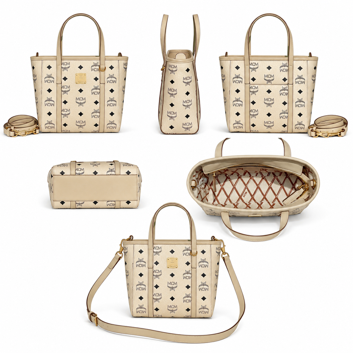 MCM Toni Visetos Mini Shopper Tote – Beige Monogram, Gold Plate, MWPAATN04