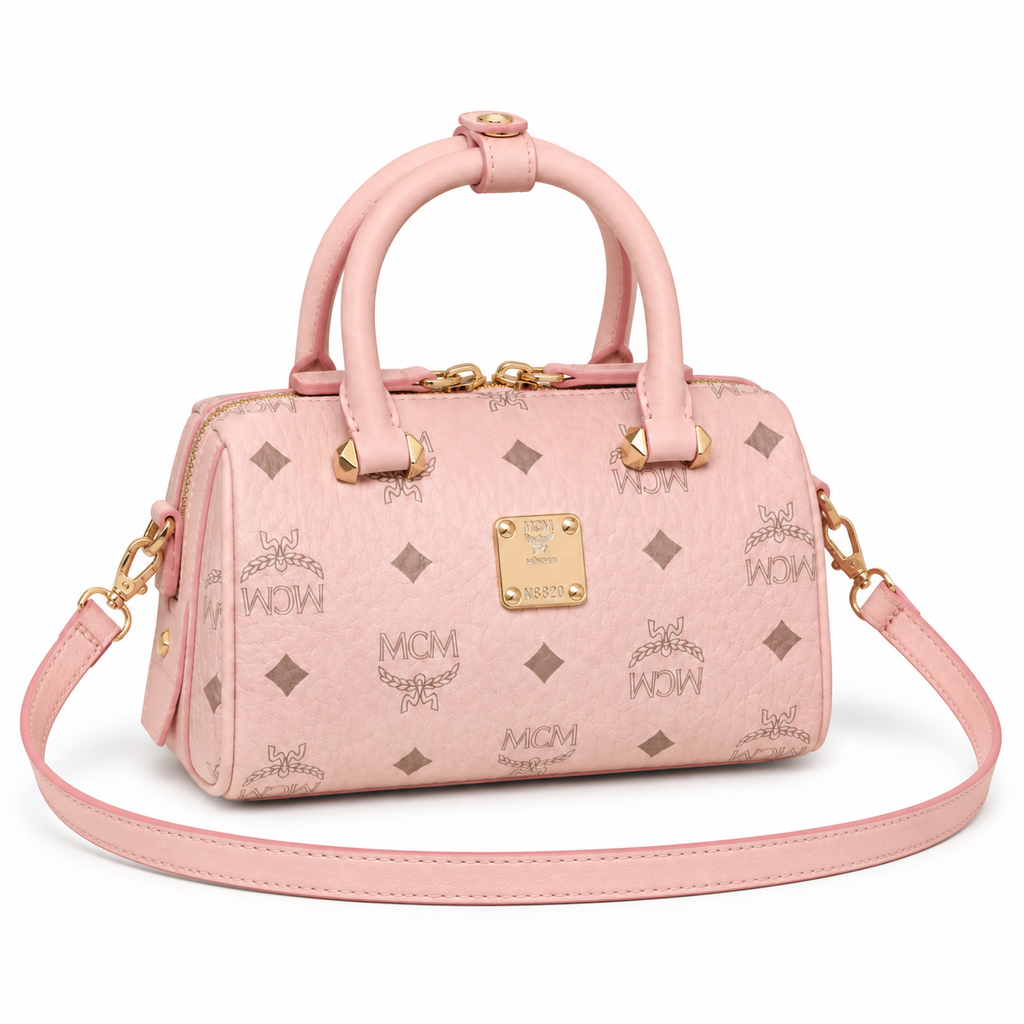 MCM Boston Visetos Mini Boston Bag – Pink Monogram, Gold Hardware, MWPA9BO05
