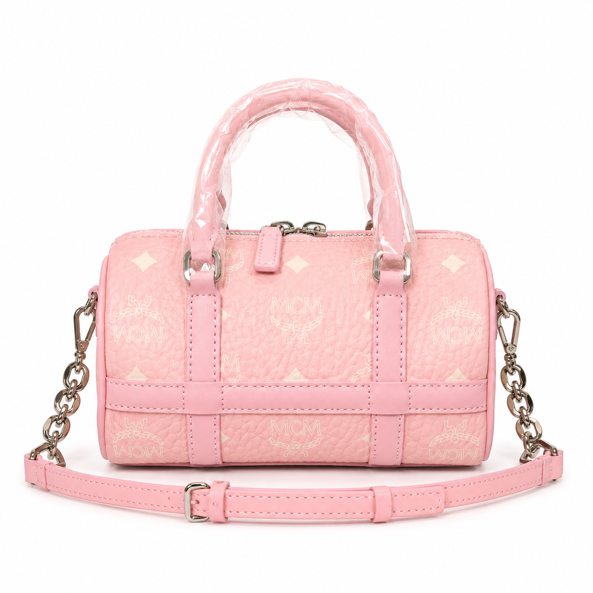 MCM Grid Leather Mini Boston Bag – Pink Embossed Monogram, Silver Hardware