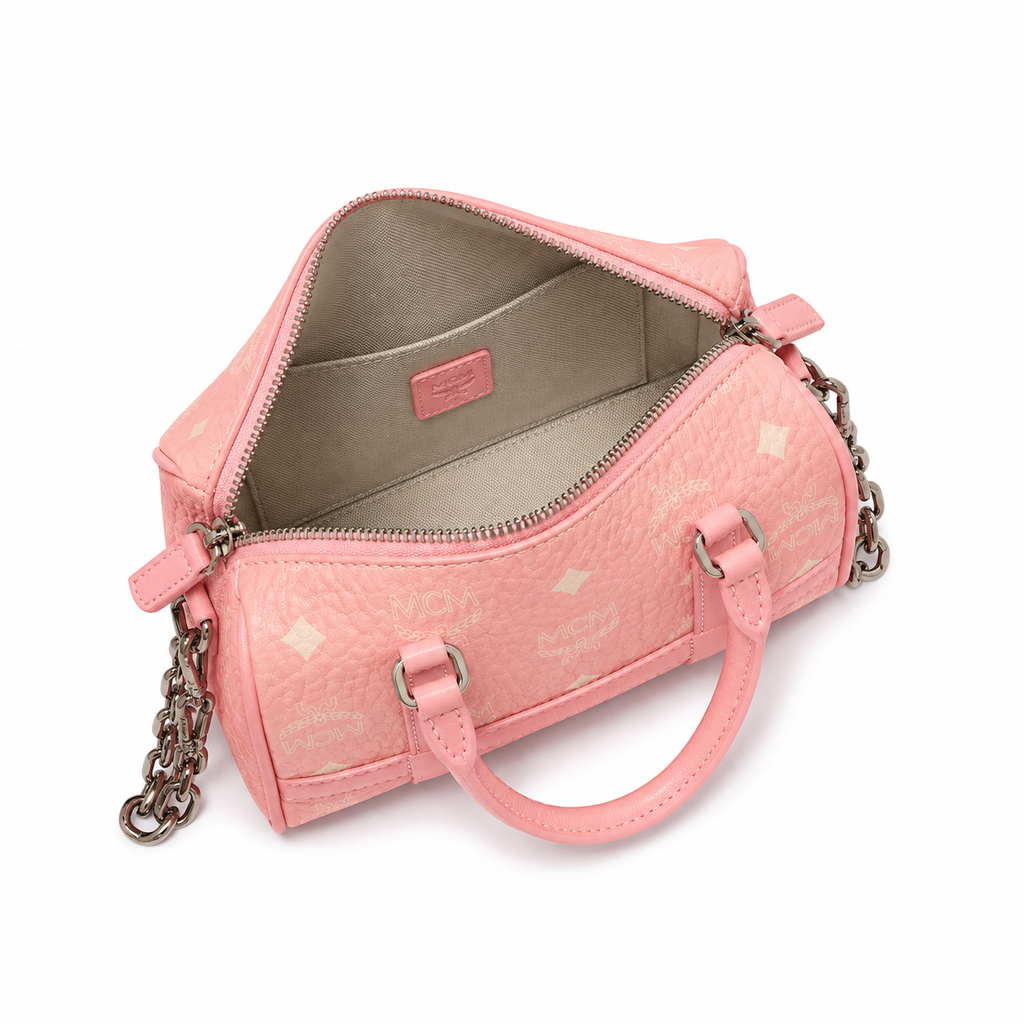 MCM Grid Leather Mini Boston Bag – Pink Embossed Monogram, Silver Hardware