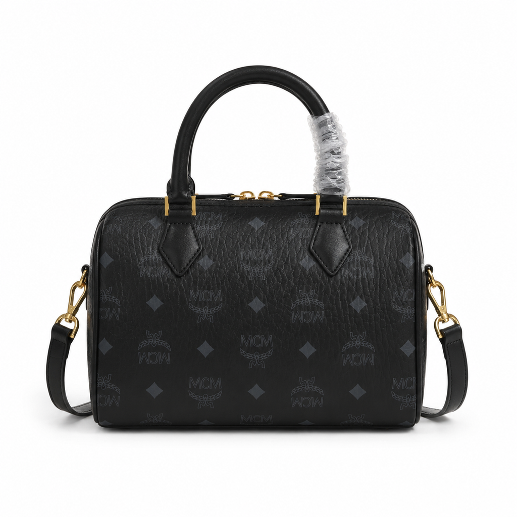 MCM Ella Visetos Small Boston Bag – Black Monogram, Padlock, MWBESEA02
