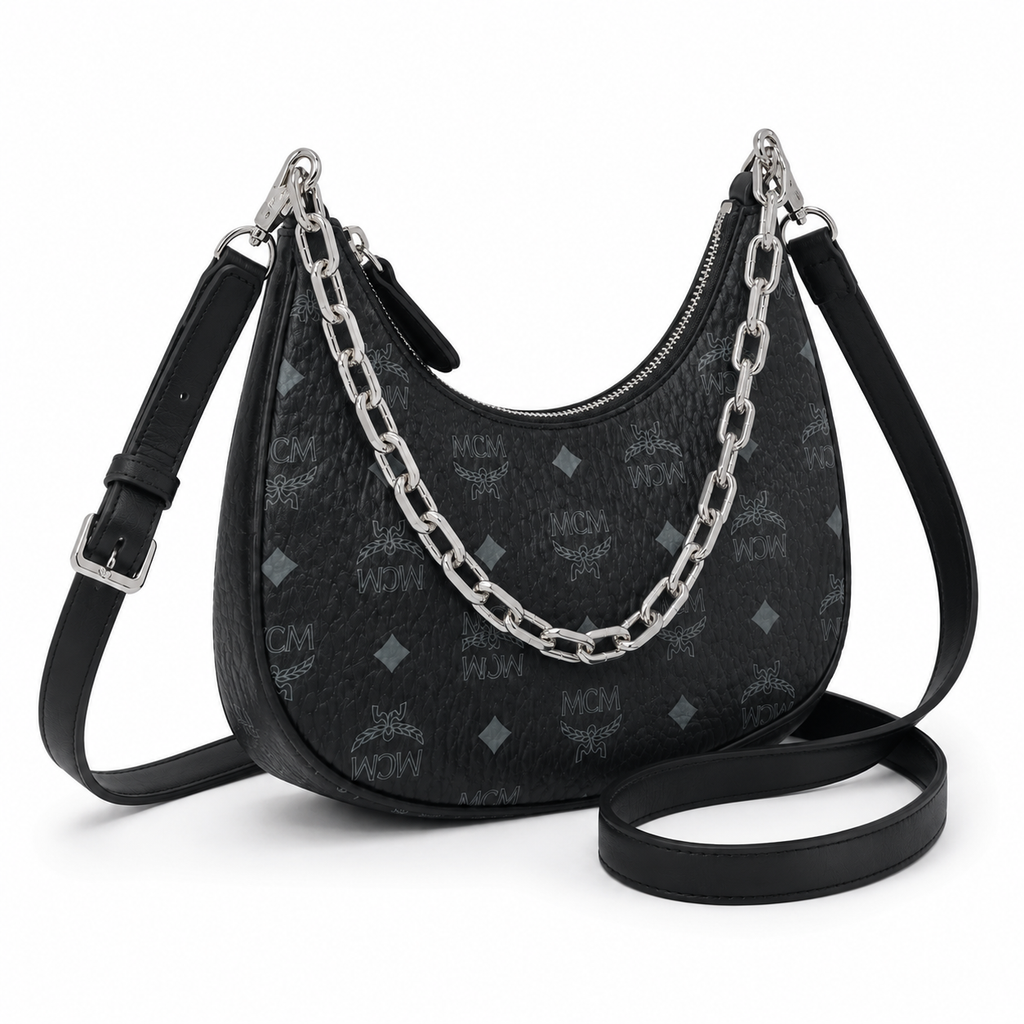 MCM AREN Visetos Hobo Bag – Black Monogram, Chain Detail, MWHFSTA10