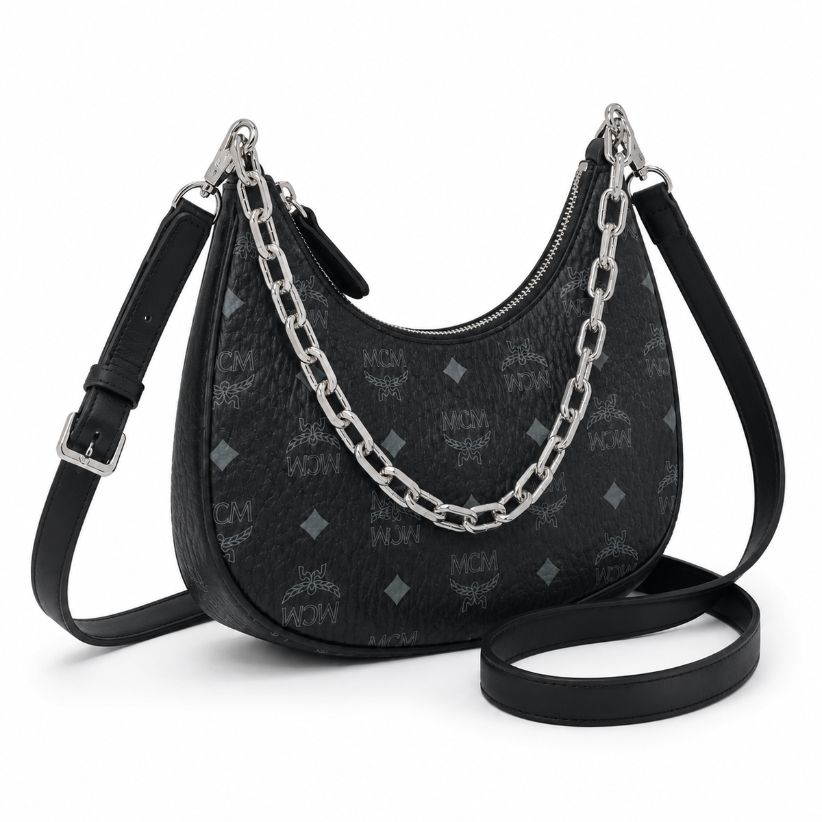MCM AREN Visetos Hobo Bag – Black Monogram, Chain Detail, MWHFSTA10