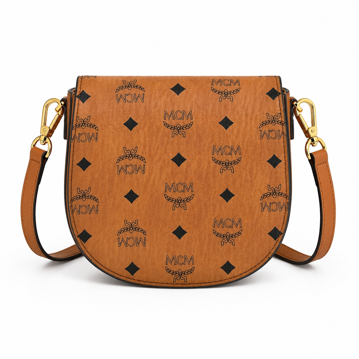 MCM Patricia Visetos Mini Saddle Bag – Cognac Monogram, Gold Hardware