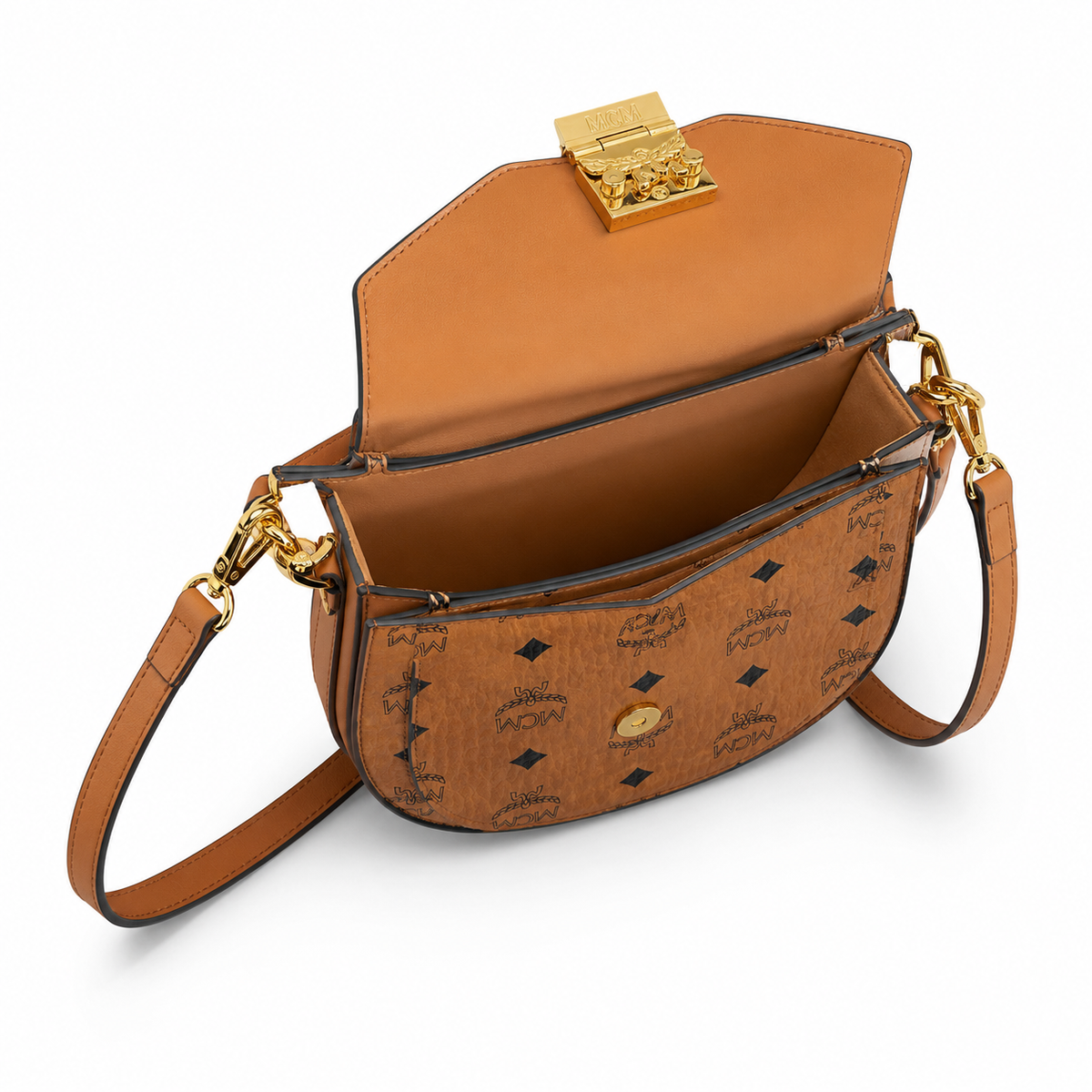 MCM Patricia Visetos Mini Saddle Bag – Cognac Monogram, Gold Hardware