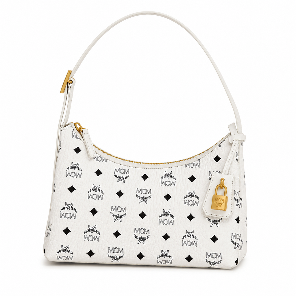 MCM Aren Visetos Small Hobo Bag – White Monogram, Gold Padlock, MWHESTA01