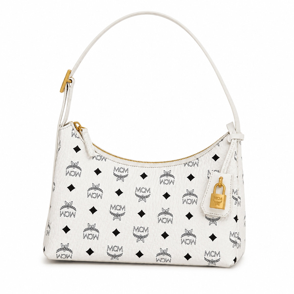 MCM Aren Visetos Small Hobo Bag – White Monogram, Gold Padlock, MWHESTA01