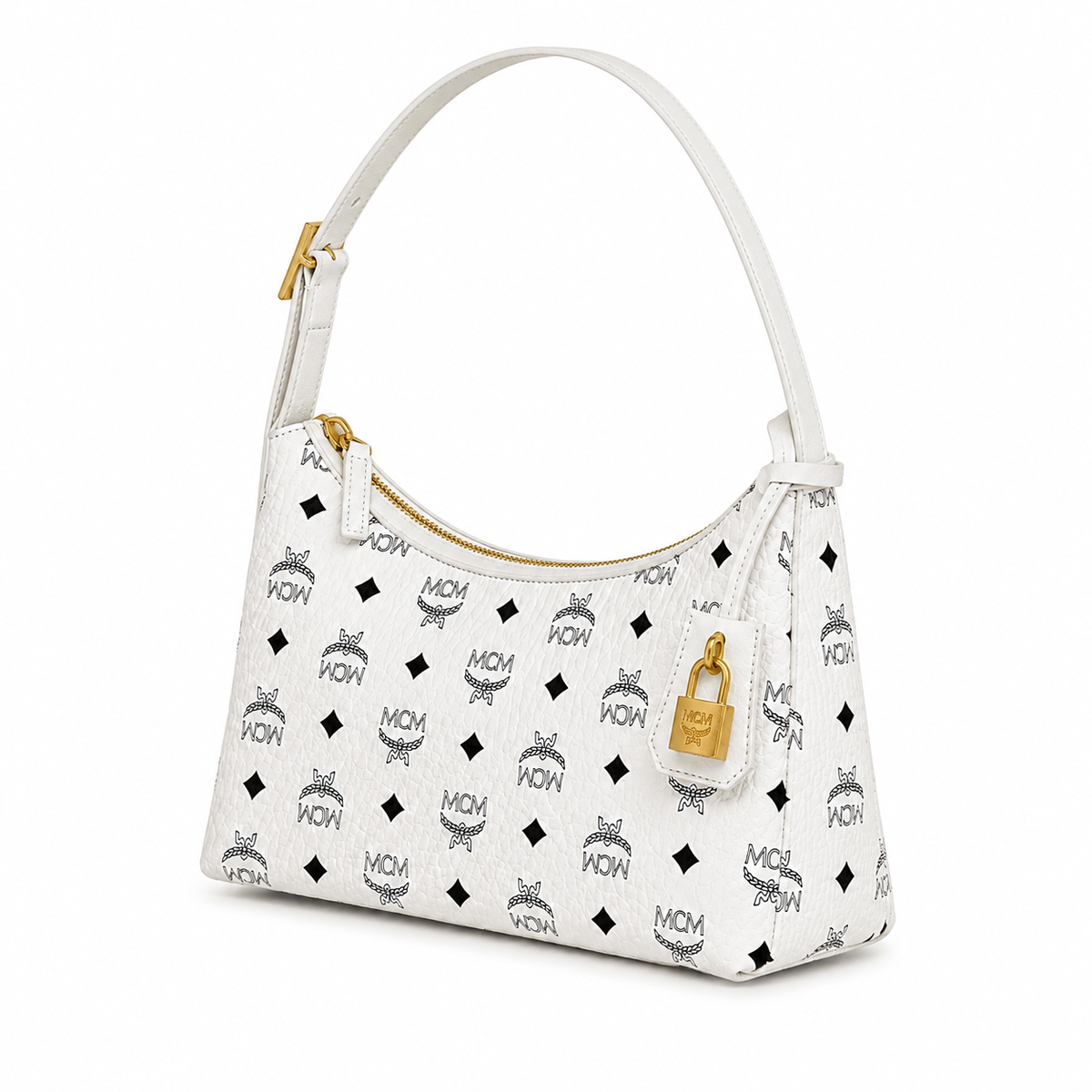 MCM Aren Visetos Small Hobo Bag – White Monogram, Gold Padlock, MWHESTA01