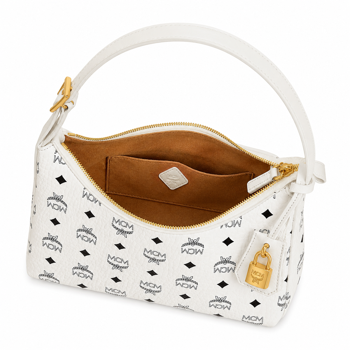 MCM Aren Visetos Small Hobo Bag – White Monogram, Gold Padlock, MWHESTA01