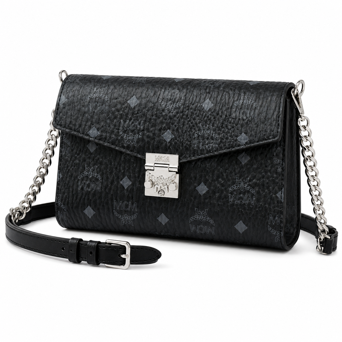 MCM Tracy Visetos Medium Flap Bag – Black, Silver Hardware, MWRBAWO05