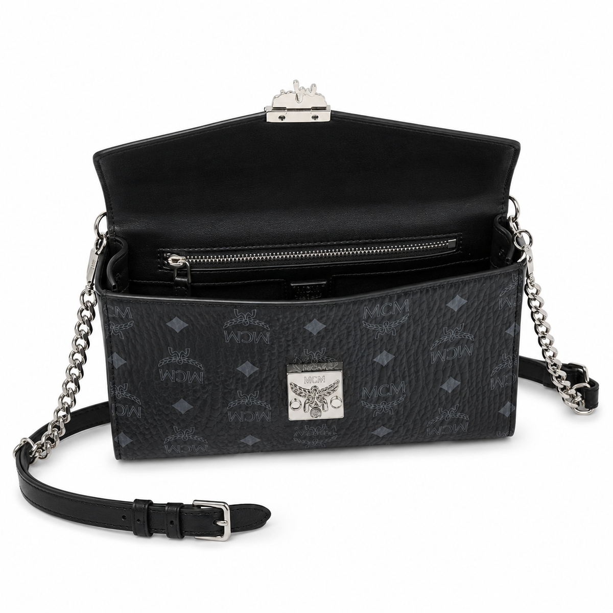 MCM Tracy Visetos Medium Flap Bag – Black, Silver Hardware, MWRBAWO05