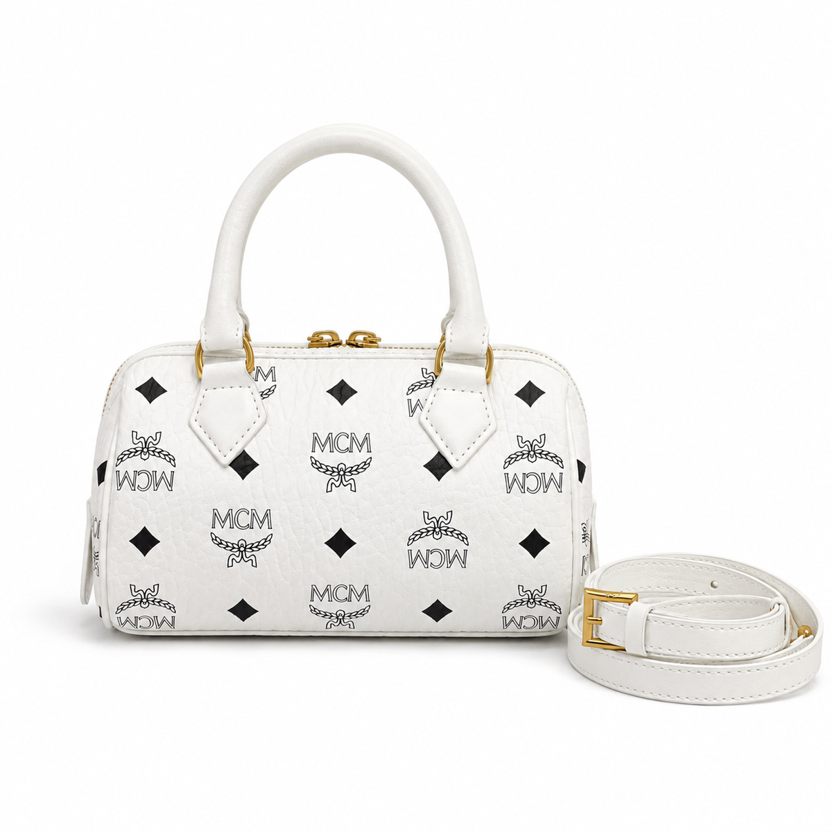 MCM Ella Visetos Mini Boston Bag – White, Gold Lock, MWBESEA01WT001