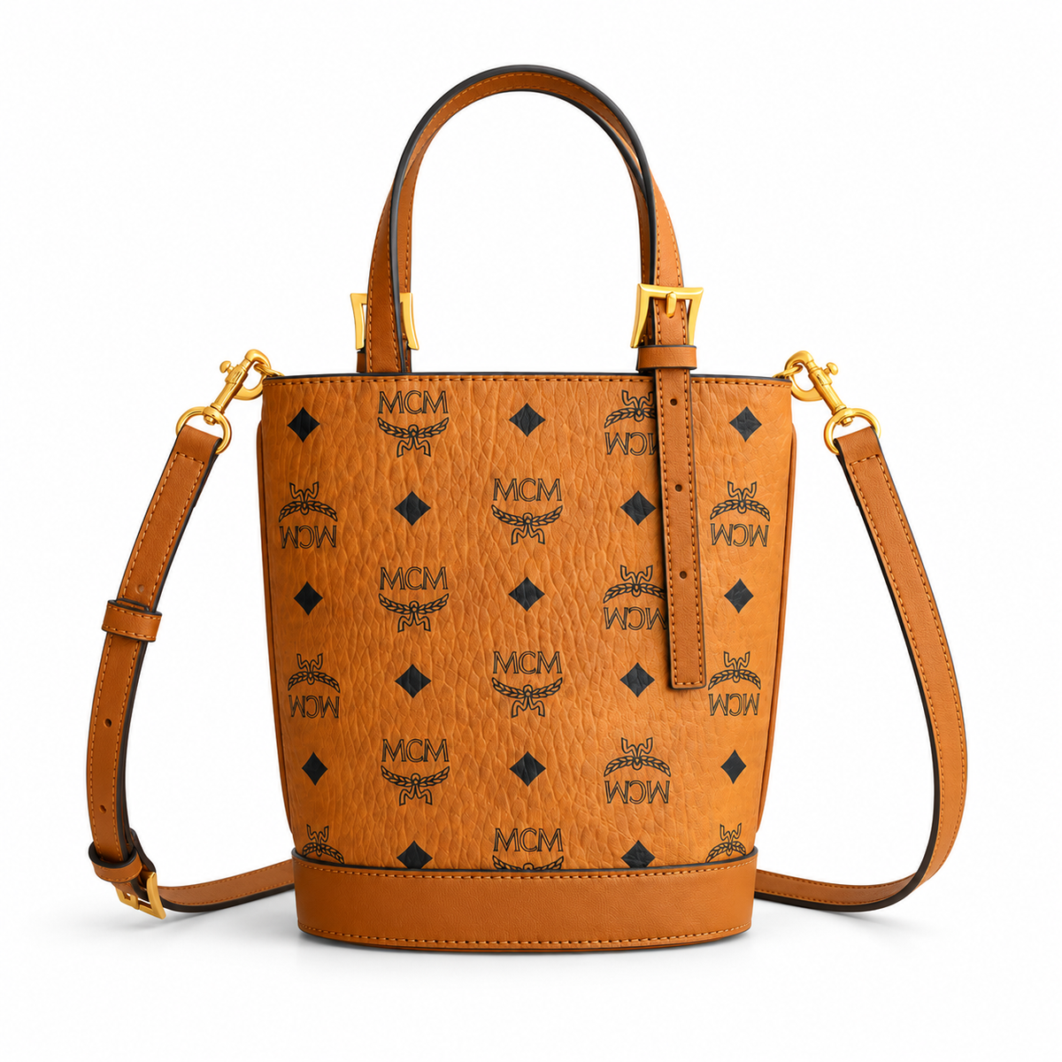 MCM Aren Visetos Mini Bucket Bag – Cognac, MWTEATA01CO