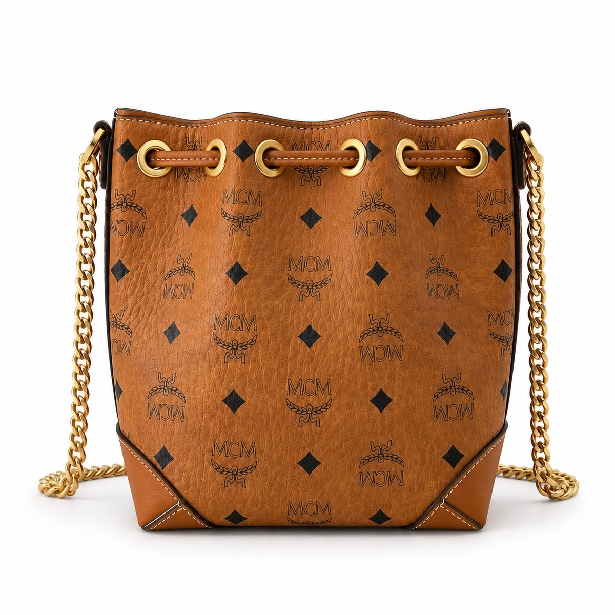 MCM Stark Visetos Mini Bucket Bag – Cognac, Gold Chain, MWTEBBA01CO001