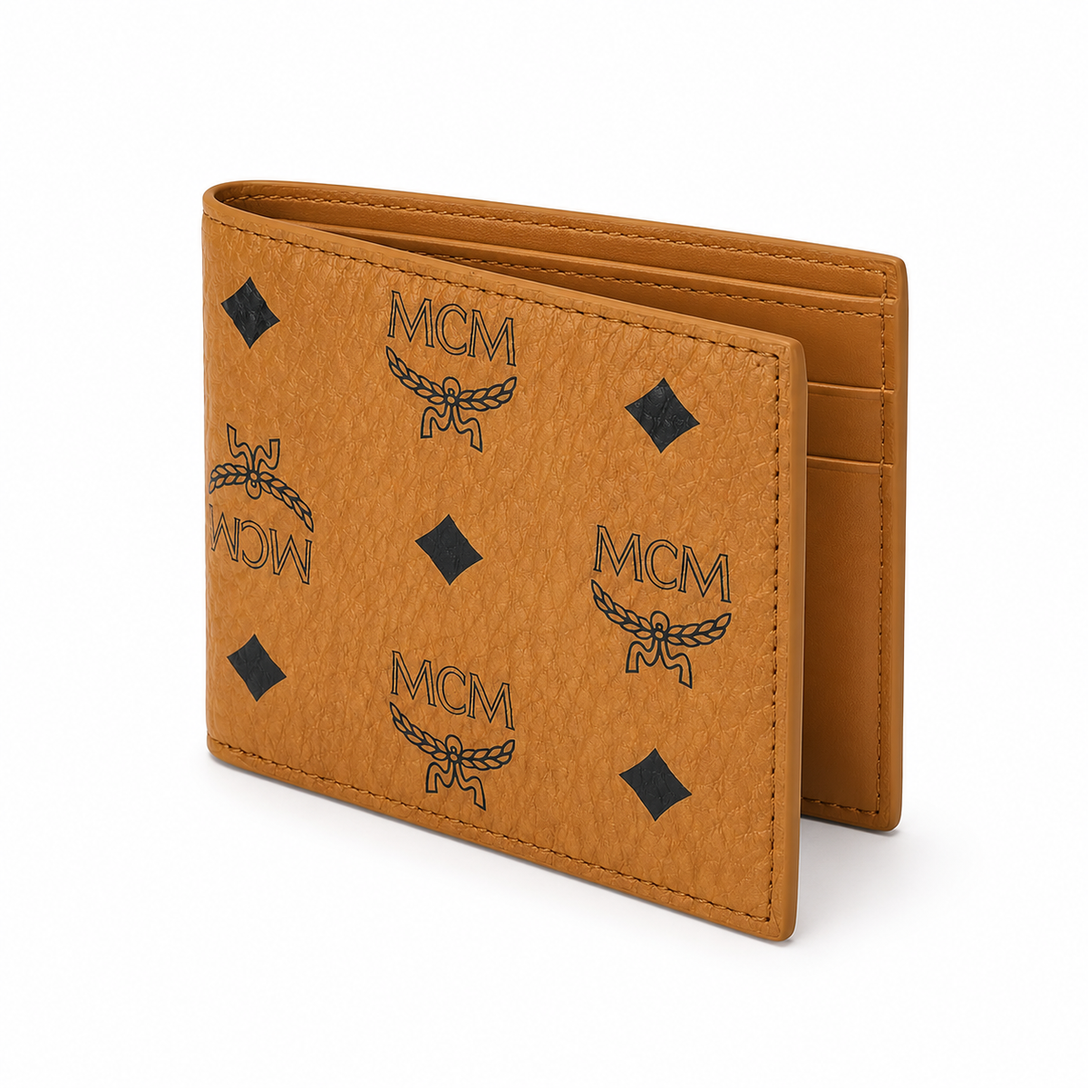 MCM Visetos Original Compact Wallet – Cognac Coated Canvas Bifold with Coin Pocket