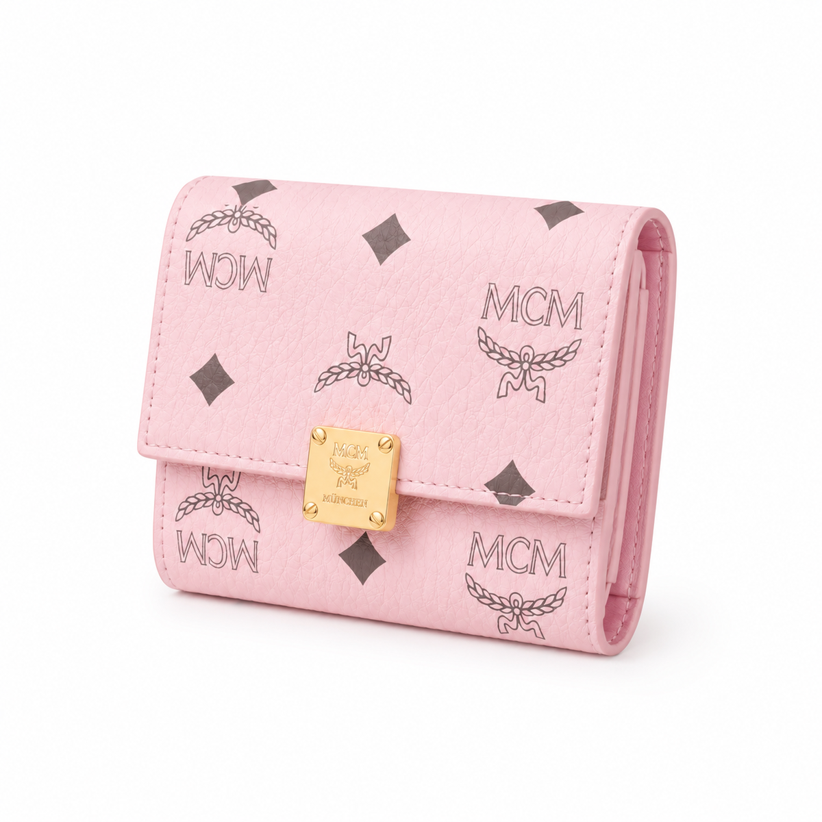 MCM Patricia Pink Leather Trifold Wallet with Gold Lock – 11x10cm