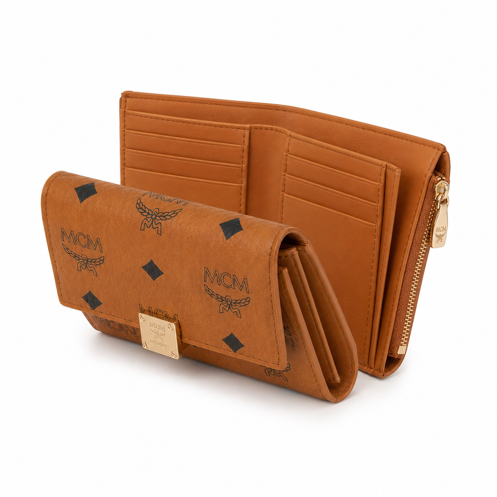 MCM Patricia Visetos Trifold Wallet – Cognac Brown, 11x10cm