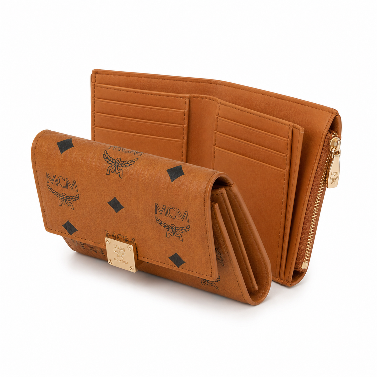 MCM Patricia Visetos Trifold Wallet – Cognac Brown, 11x10cm