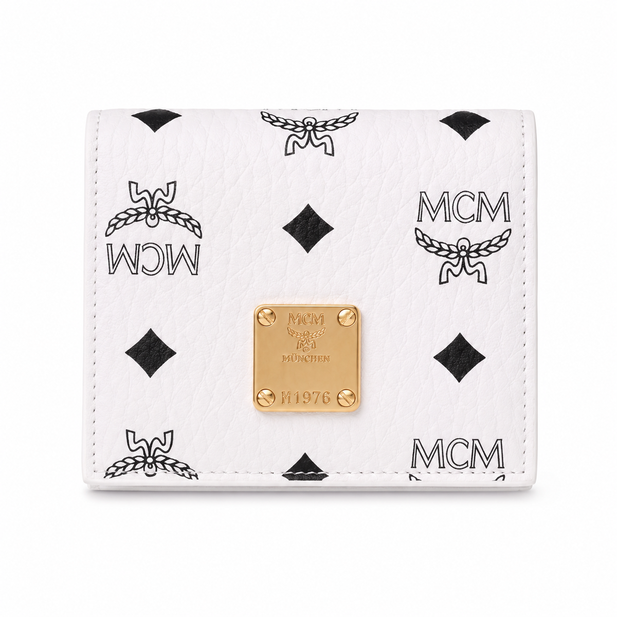 MCM Patricia Visetos Bi-Fold Wallet in White – Classic Logo Print, Gold Hardware, Compact Design for Everyday Use