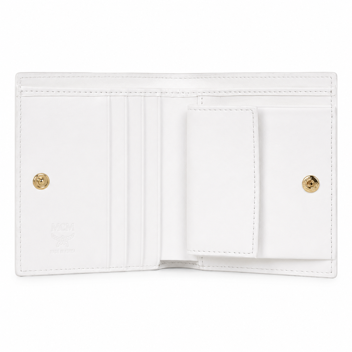 MCM Patricia Visetos Bi-Fold Wallet in White – Classic Logo Print, Gold Hardware, Compact Design for Everyday Use